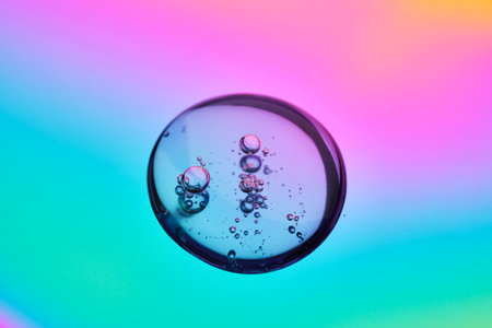 A drop of cosmetic serum on a multicolored background in shades of blue and lilac.の写真素材