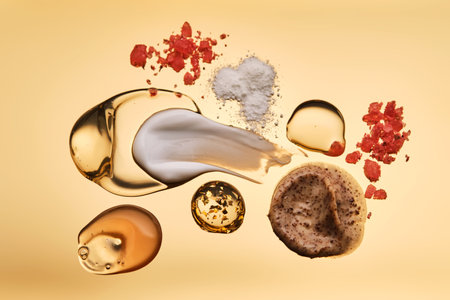 Textures of different cosmetic products on a gold background.の写真素材
