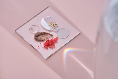 Different textures of skin care products on a square stand with beautiful caustics.の写真素材
