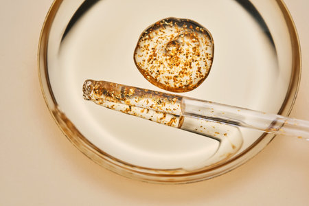 24 k gold facial serum in a pipette on a gold background.の写真素材