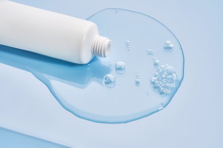 Shampoo pouring out of a small tube on a blue background. Texture.