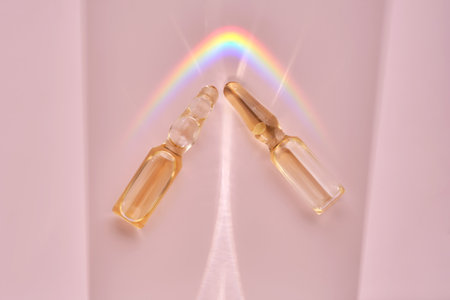An ampoule with a medical product or cosmetic product on a pink background.