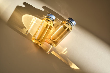 Injection vials with medicinal product in sunlight on beige background.の写真素材