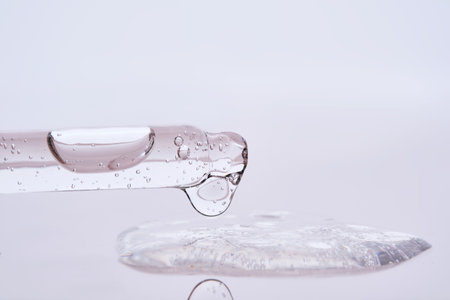 Pipette with serum on a pink background. Product texture.の写真素材