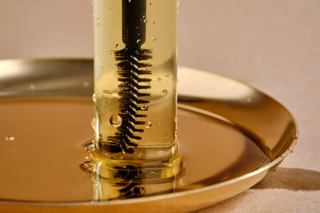 Bottle with brush filled with oil for eyebrow and eyelash growth. Texture.