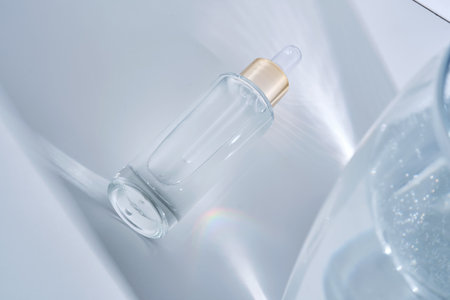Bottle with serum on a white background with glare from water.