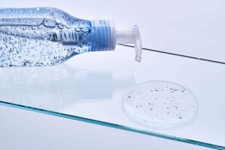 Face wash gel with bubbles on a glass shelf.