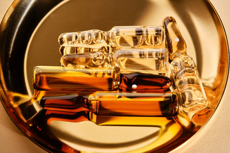 An ampoule with a medical product or cosmetic product on a gold background.の写真素材