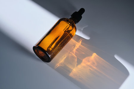 A bottle of serum made of brown glass on a white background with stripe of light.の写真素材