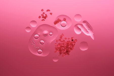 Different textures of cosmetics with a rose in the composition on a scarlet background.