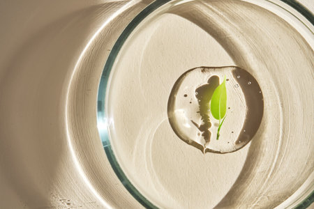 A drop of serum with a leaf in a petri dish.の写真素材