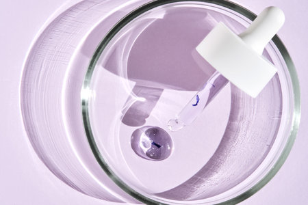 The texture of the serum and a cosmetic pipette in a petri dish on a purple background.の写真素材