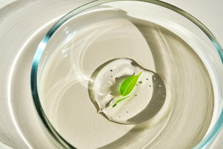 A drop of serum with a leaf in a petri dish.