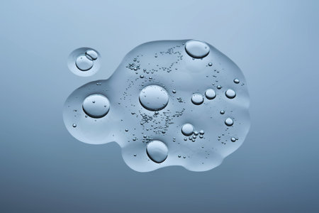 A drop of serum with bubbles on a blue background.