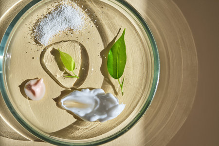 Various cosmetics in a petri dish on a beige background.の写真素材