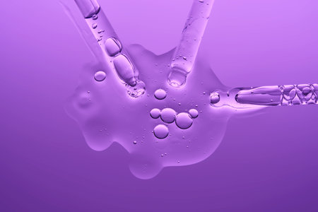 Demonstration of the texture of hyaluronic serum on a lilac background.の写真素材