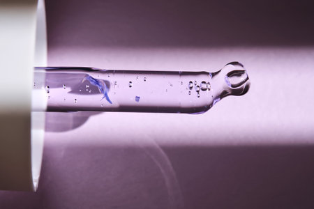 Pipette with serum on purple background with sunlight.の写真素材
