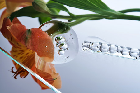 A pipette with a beautiful drop of serum on a background of lily flowers.の写真素材