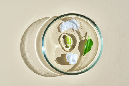 Various cosmetics in a petri dish on a beige background.の写真素材