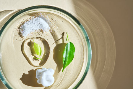 The texture of facial serum, cream and enzyme powder in a petri dish on a beige background.の写真素材