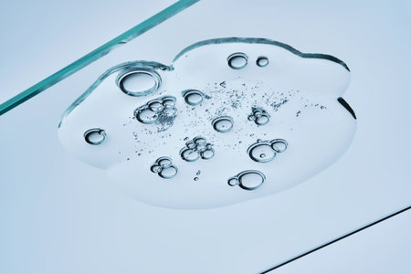 The texture of a clear liquid with bubbles. View from below.の写真素材
