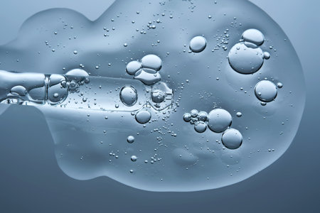 Pipette with a drop of hyaluronic serum on a blue background.の写真素材