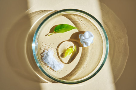 Various cosmetics in a petri dish on a beige background.の写真素材