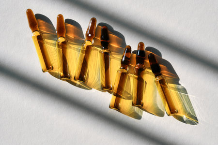 Ampoules on a gray background with stripes of shadows.の写真素材
