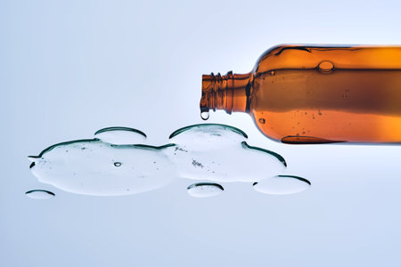 The texture of the serum and the glass bottle. View from below.の写真素材