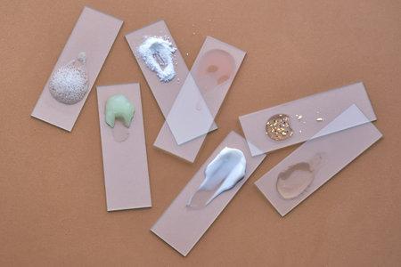 Textures of cosmetic products in a chaotic manner on a beige background.の写真素材