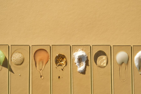 Samples of multi-colored cosmetic products on a beige background.の写真素材