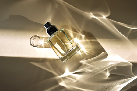 A beautiful perfume bottle on a beige background with beautiful reflected rays.の写真素材