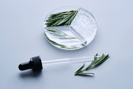 Petri dish with rosemary whey.の写真素材