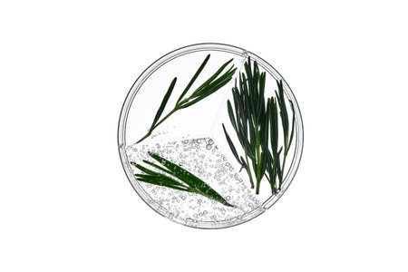 A three-compartment petri dish with rosemary and a sample of cosmetic gel with bubbles.の写真素材
