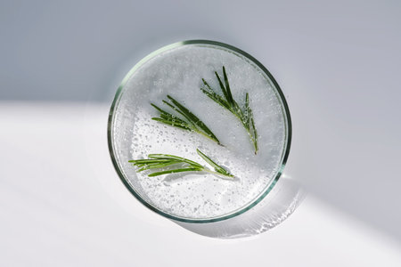 The texture of a clear serum with bubbles and rosemary in a petri dish.の写真素材