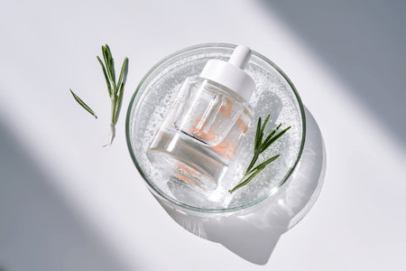 A bottle of rosemary serum in a petri dish.の写真素材