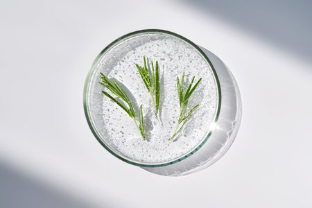 Rosemary sprigs in a whey texture in a petri dish.の写真素材