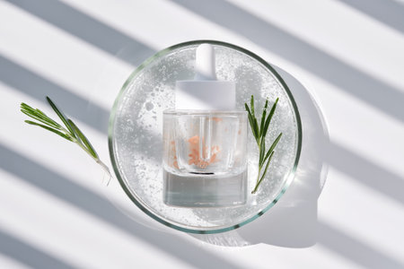 A bottle of rosemary serum in a petri dish.の写真素材