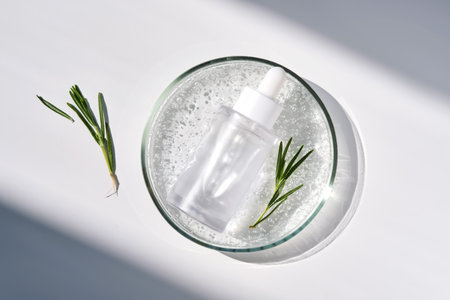 Anti-inflammatory serum and rosemary in a petri dish.の写真素材