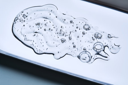 A beautiful drop of cosmetic product with bubbles on a blue background.の写真素材