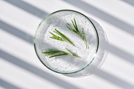 The texture of whey and rosemary in a petri dish on a background with streaks of shadows.の写真素材