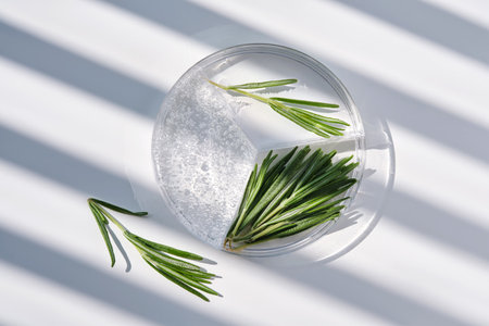 Rosemary serum in a petri dish on a background with streaks of shadows.の写真素材