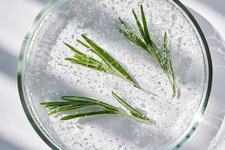 The texture of cosmetic serum in a petri dish and a sprig of rosemary.の写真素材