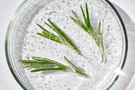 Three sprigs of rosemary in antioxidant serum in a petri dish.の写真素材