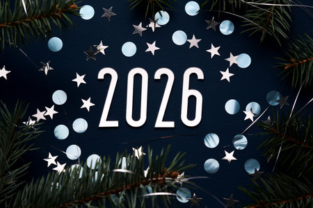 New Year 2026 blue background. Number of the coming year in Christmas decoration.の写真素材