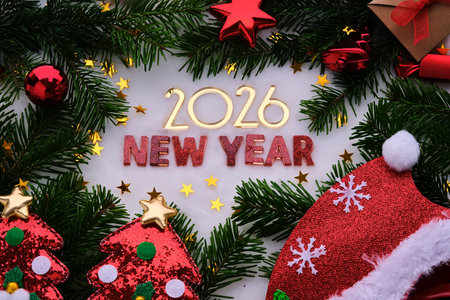 Abstract background of Christmas attributes The inscription NEW YEAR 2026.の写真素材