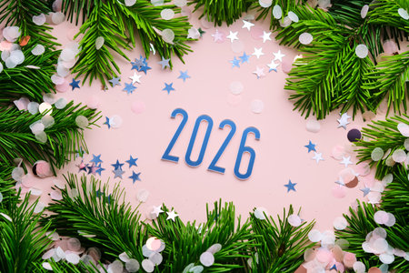 New Year 2026 pink background. Number of the coming year in Christmas decoration.の写真素材