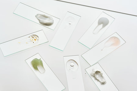 Texture samples of various cosmetic products on a gray background.の写真素材