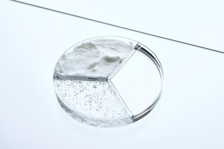 Cosmetic oil, serum and cream in a petri dish.の写真素材