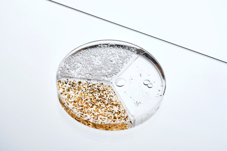 24k gold serum, hyaluronic serum and hyaluronic anti-age gel in a petri dish.の写真素材